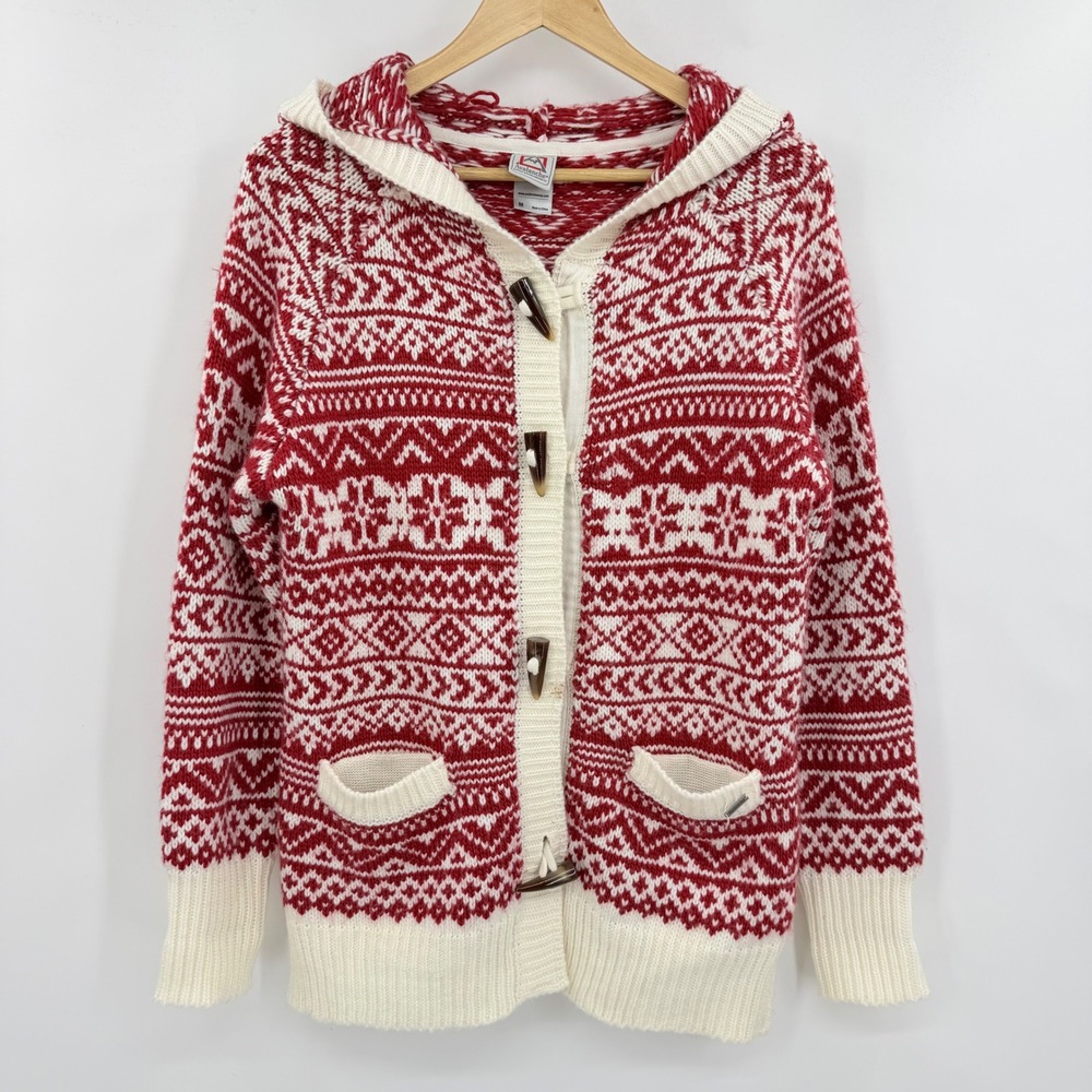 Avalanche Cardigan Sweater Womens Medium Red White Fair Isle Toggle Hooded